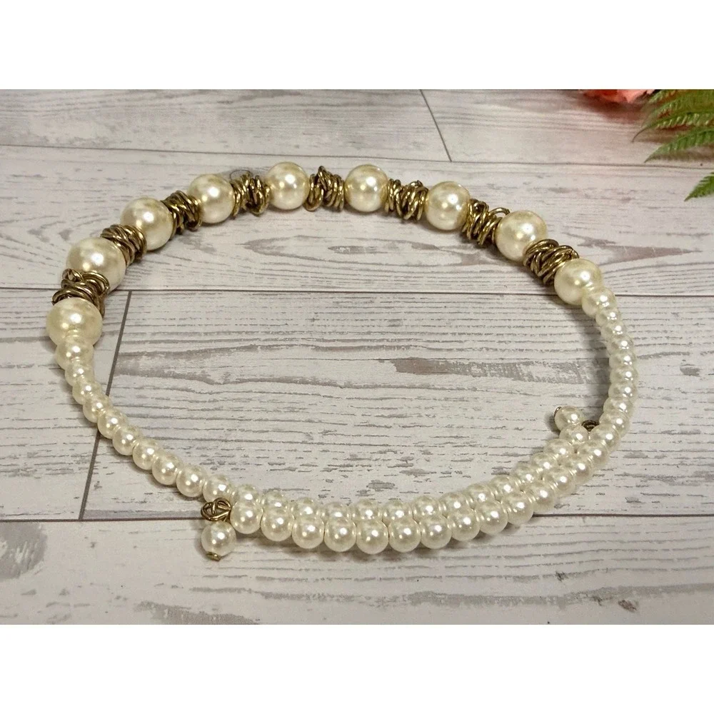 Faux Pearl Choker‎ Necklace Bridal Head Piece Antique Gold Tone Vintage One Size